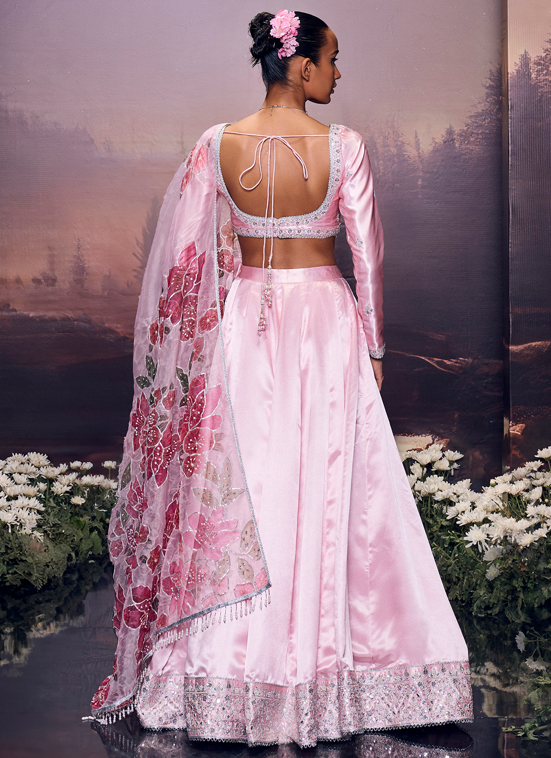 Light Pink Embroidered Satin Lehenga