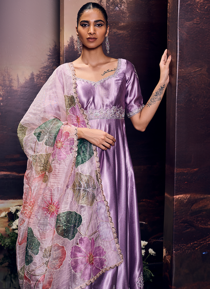 Lilac Embroidered Satin Anarkali