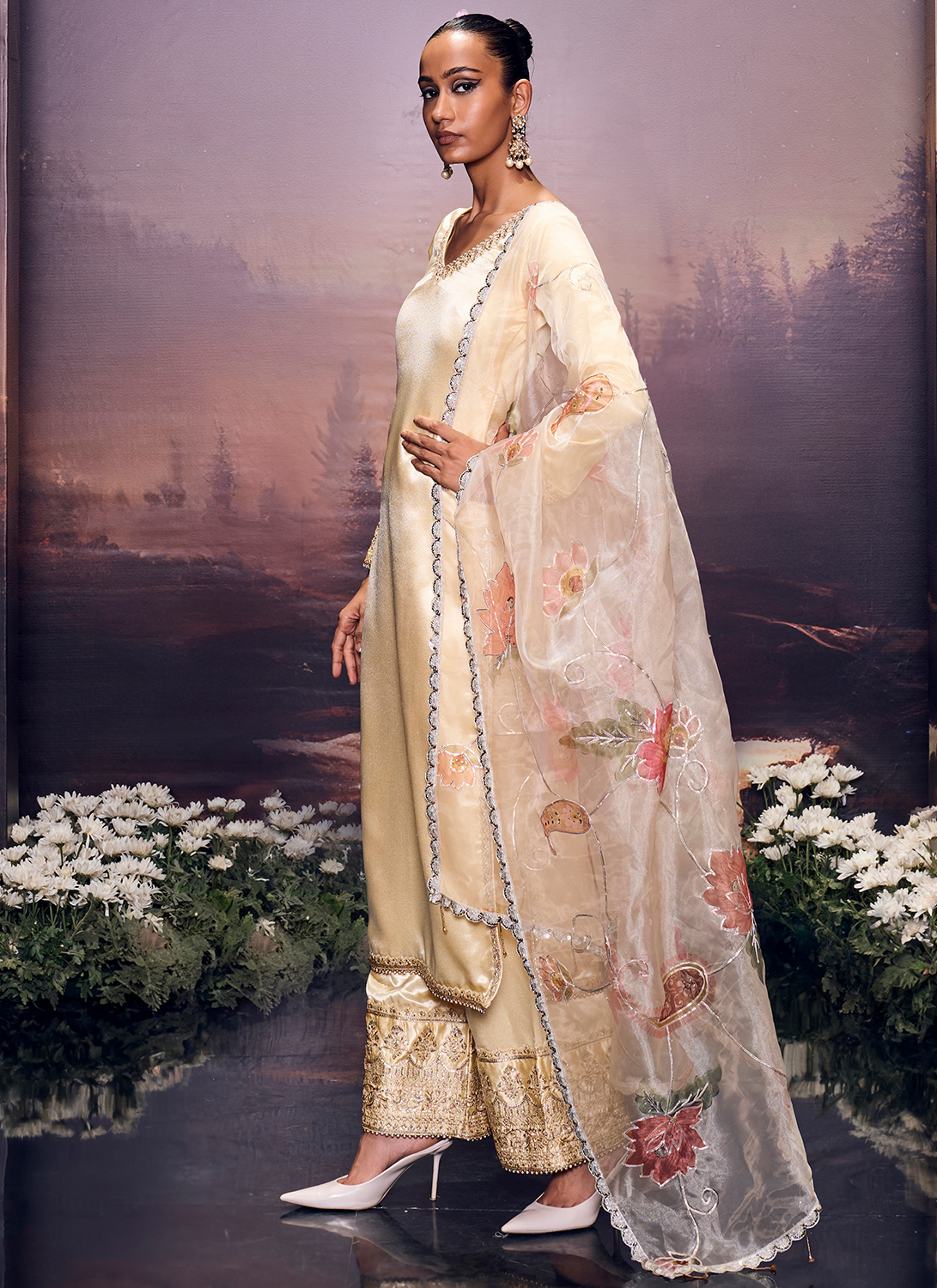 Soft Yellow Embroidered Palazzo Suit