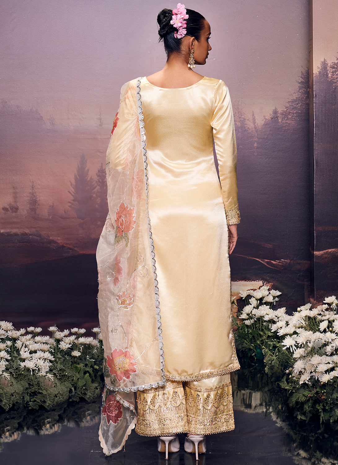 Soft Yellow Embroidered Palazzo Suit