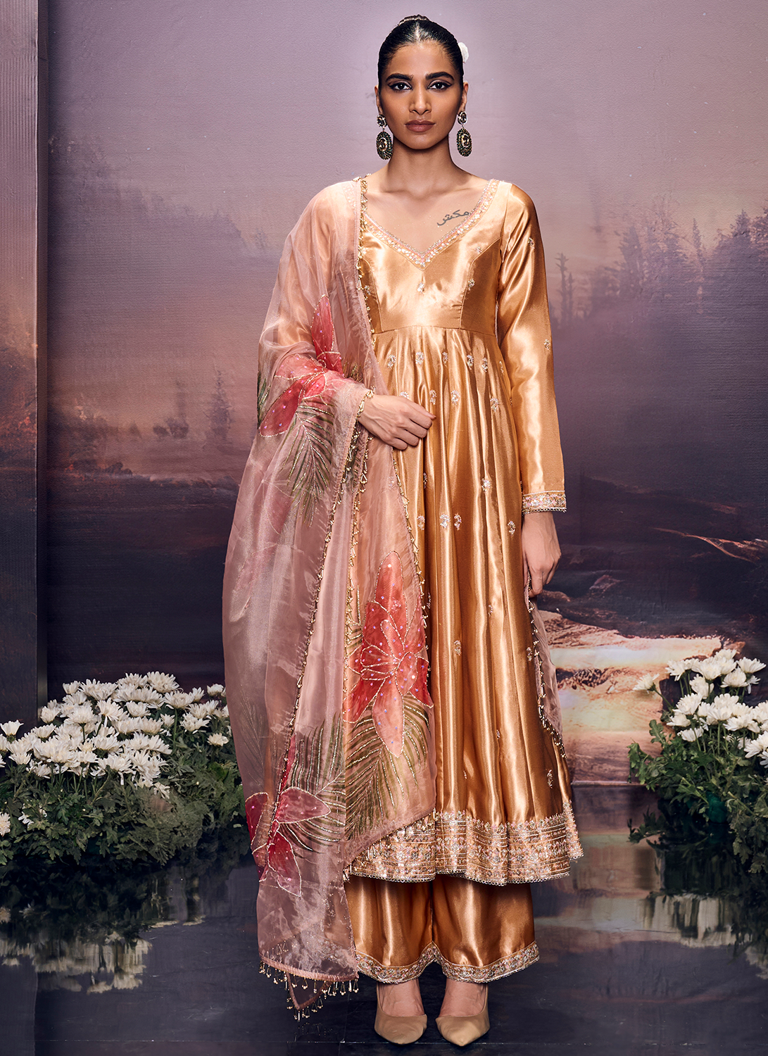 Gold Embroidered Satin Anarkali