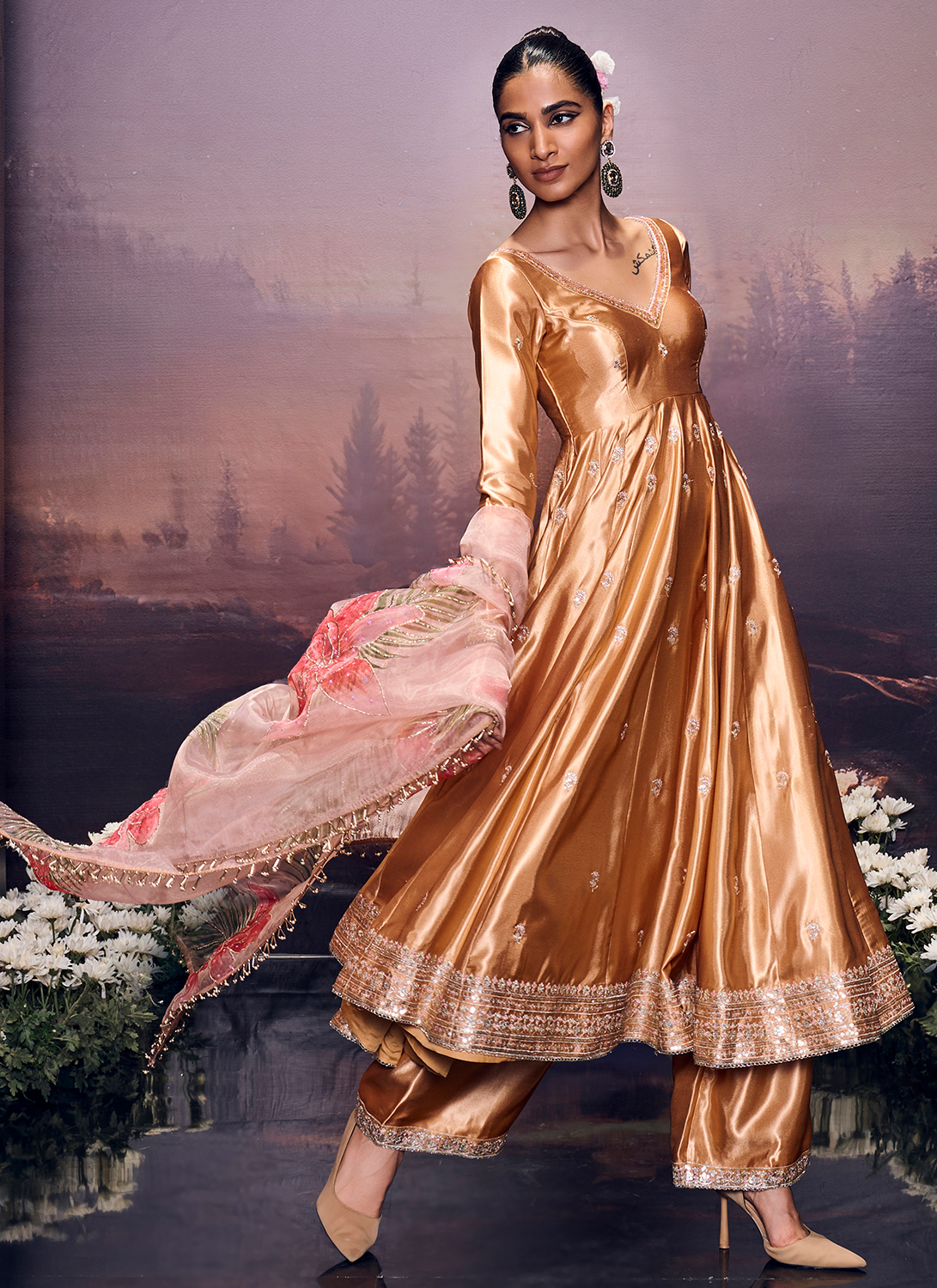 Gold Embroidered Satin Anarkali