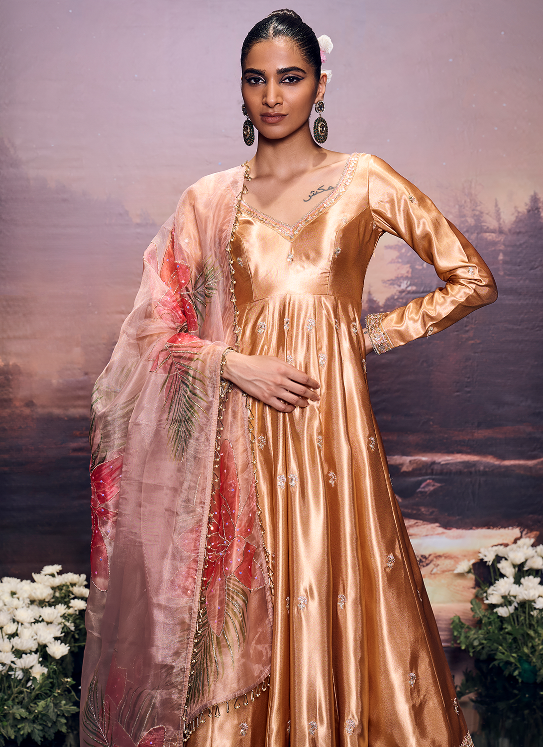 Gold Embroidered Satin Anarkali