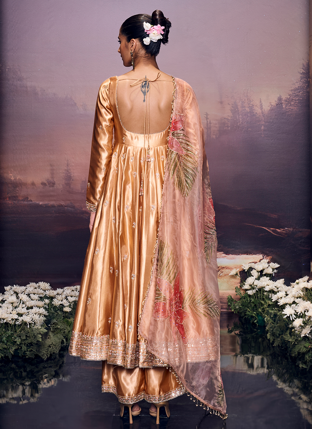 Gold Embroidered Satin Anarkali