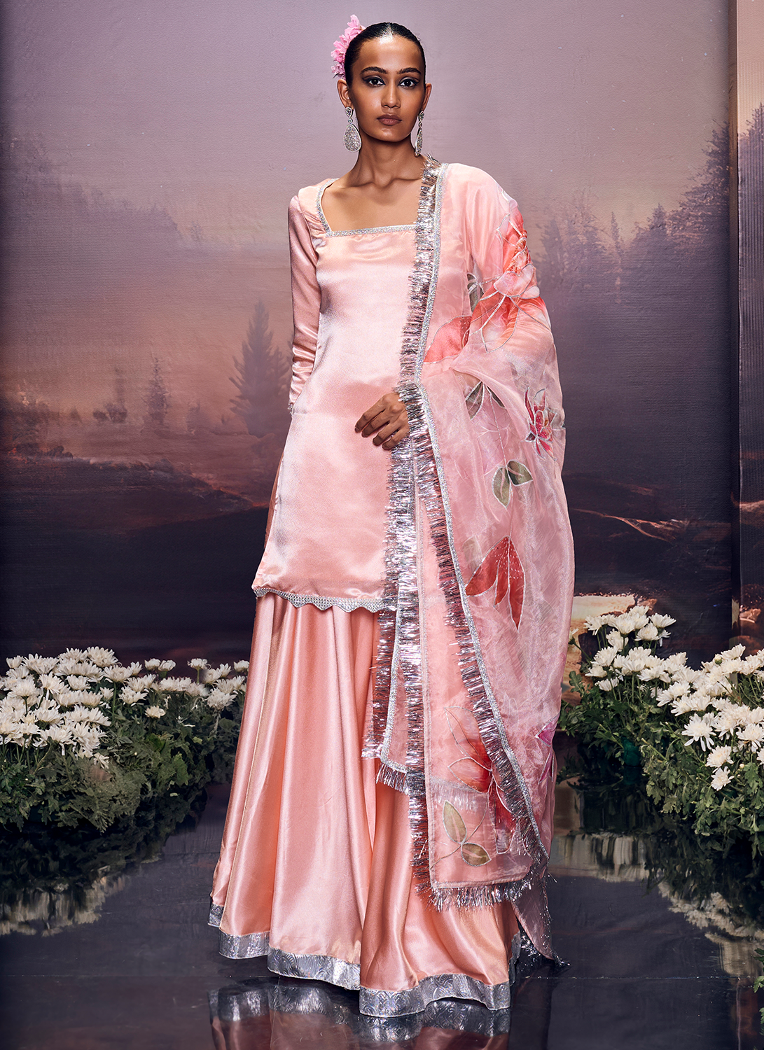 Peach Embroidered Satin Sharara Suit