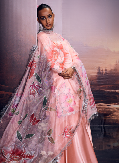 Peach Embroidered Satin Sharara Suit