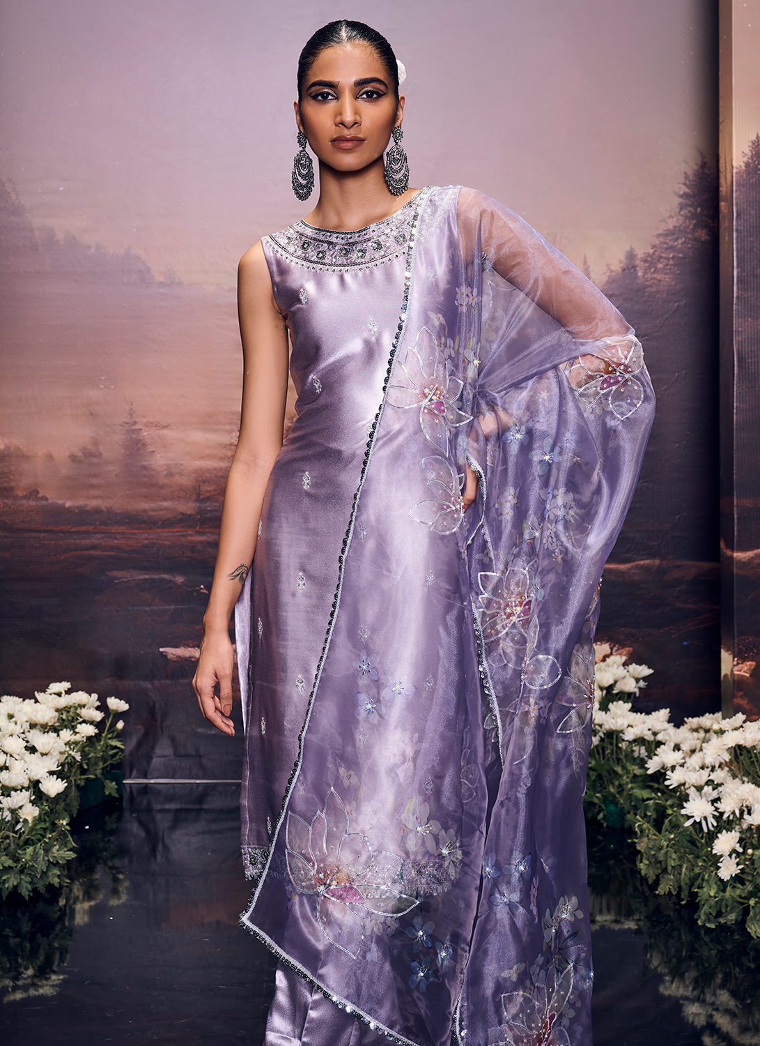 Lavender Embroidered Satin Straight Suit