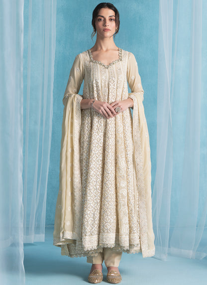 Dusty Beige Embroidered Lucknowi Anarkali