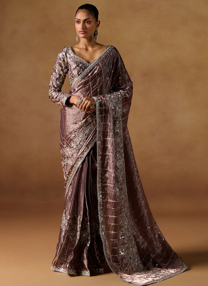 Dusty Brown Embroidered Tissue Saree