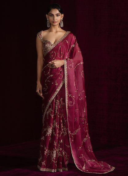 Dusty Magenta Embroidered Silk Saree