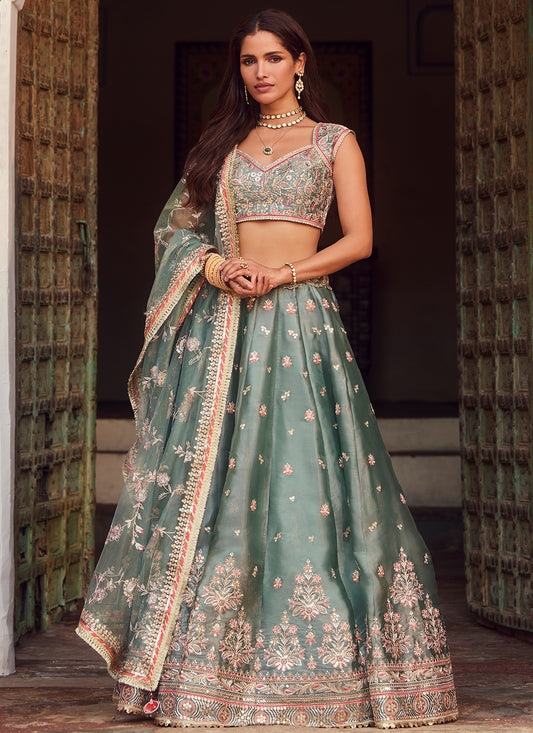 Dusty Mint Green Embroidered Organza Lehenga