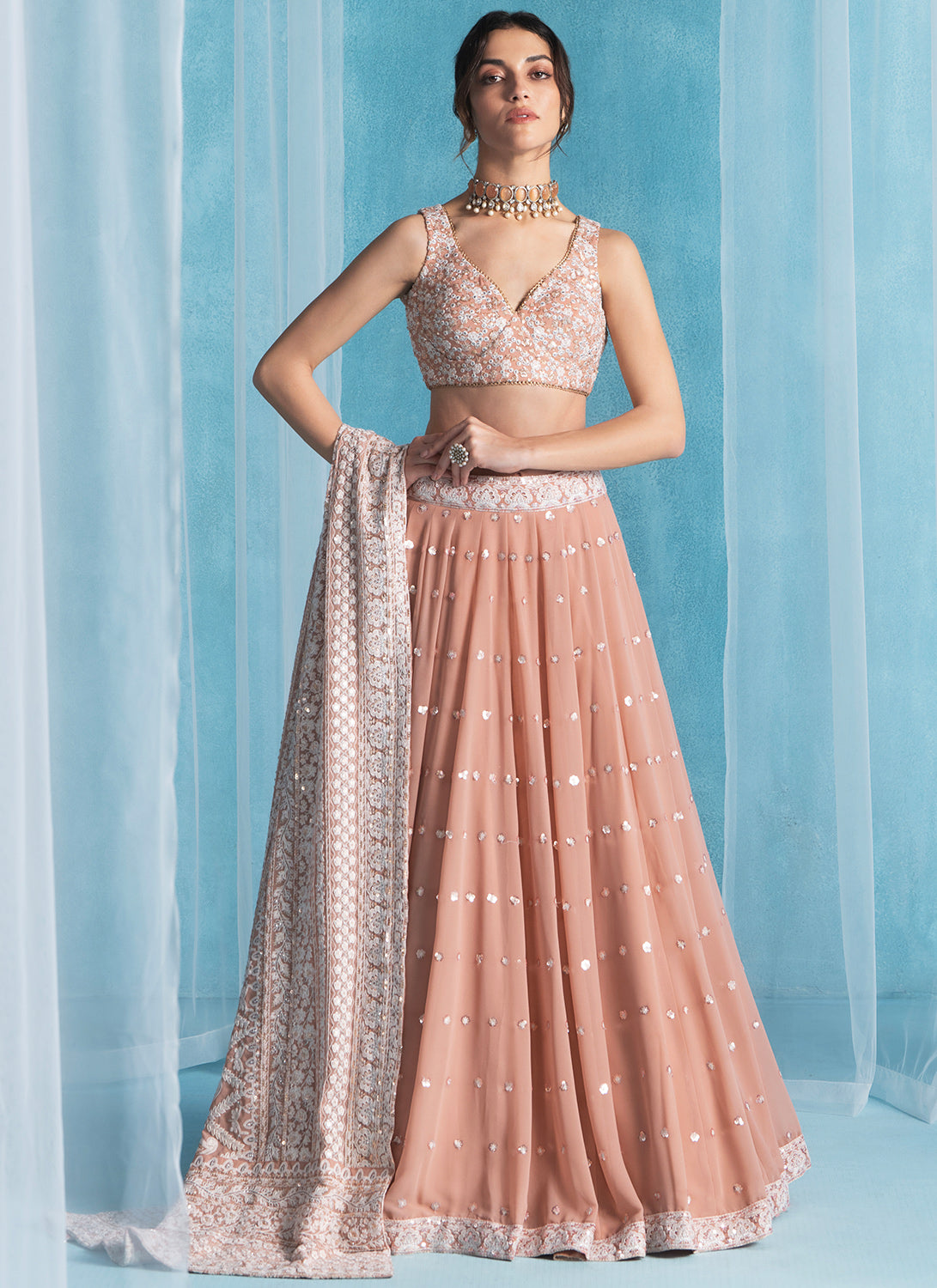 Dusty Peach Embroidered Lucknowi Lehenga