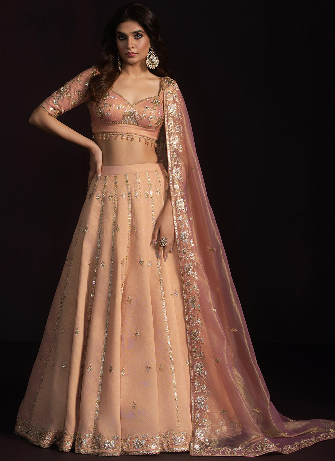 Dusty Peach Embroidered Net Lehenga