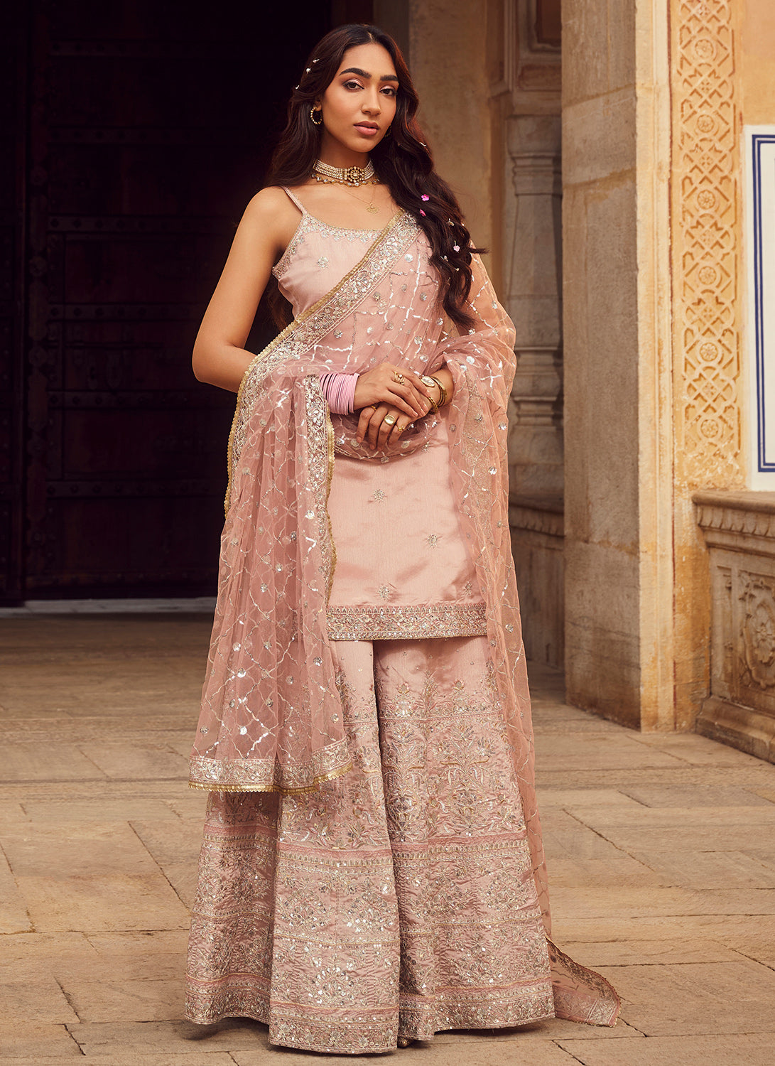 Dusty Peach Embroidered Silk Sharara Suit