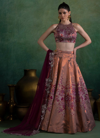 Dusty Peach and Magenta Embroidered Lehenga