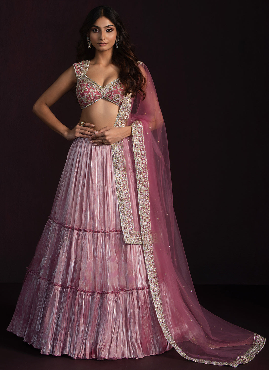 Dusty Pink Embroidered Organza Lehenga