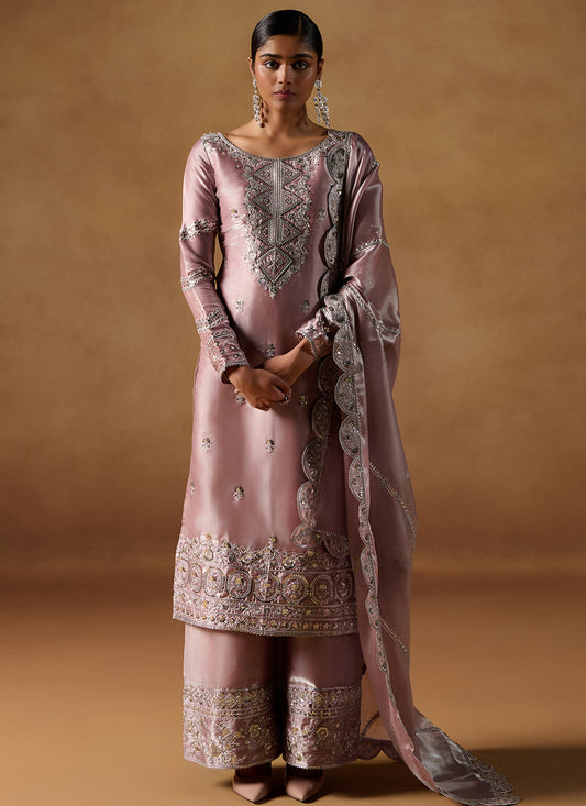 Dusty Pink Embroidered Tissue Palazzo Suit