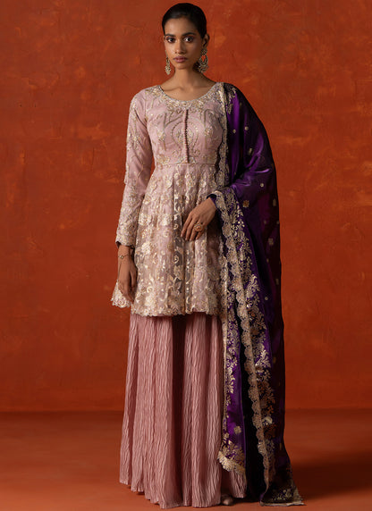 Dusty Pink and Purple Embroidered Gharara Suit