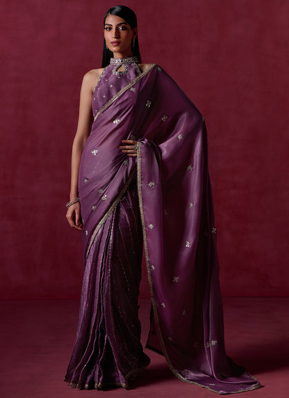 Dusty Purple Embroidered Silk Saree