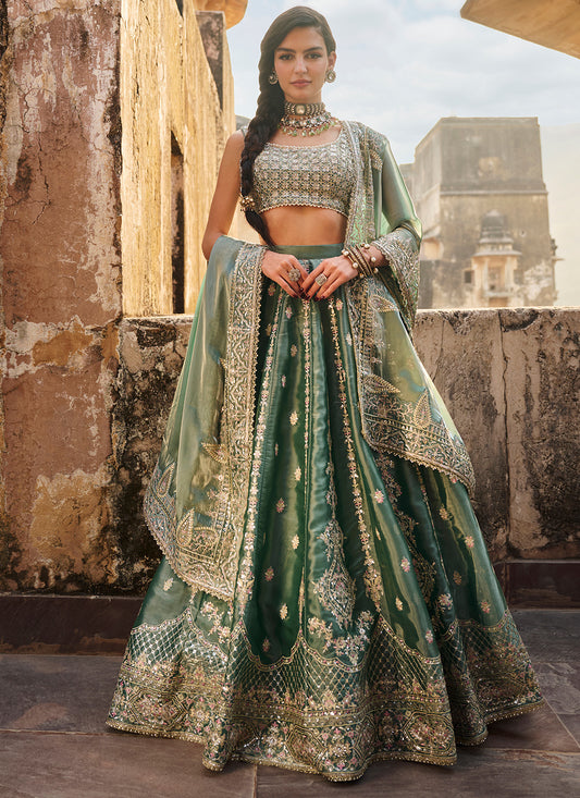 Dusty Teal Embroidered Organza Lehenga