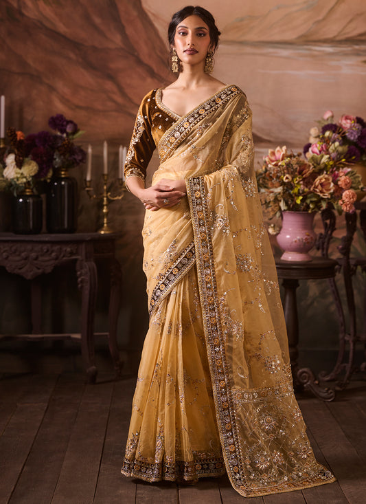 Dusty Yellow Embroidered Velvet Saree