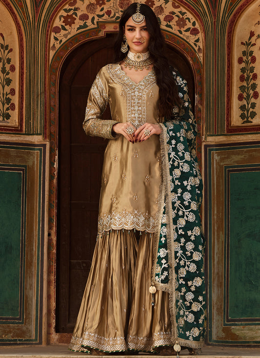 Gold and Green Embroidered Satin Gharara