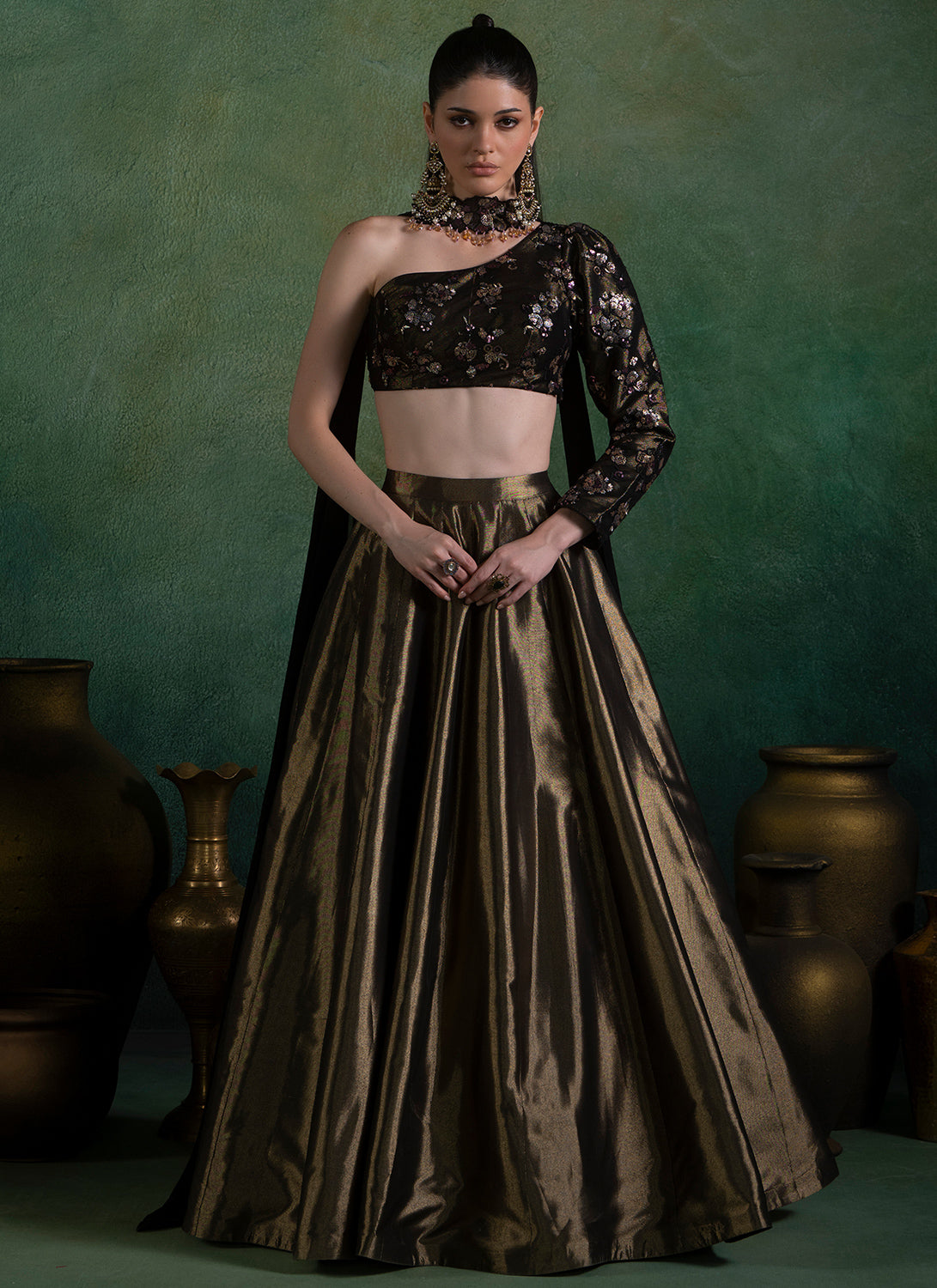 Golden Bronze and Black Embroidered Lehenga