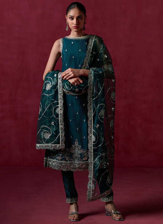 Green Embroidered Crepe Silk Straight Suit