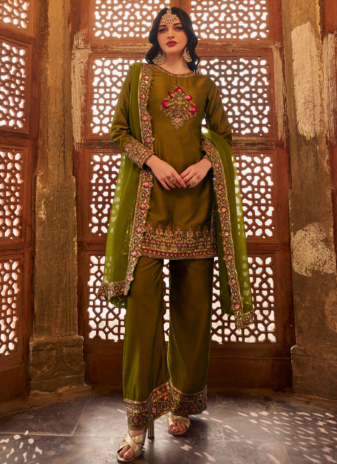 Green Embroidered Silk Pant Suit