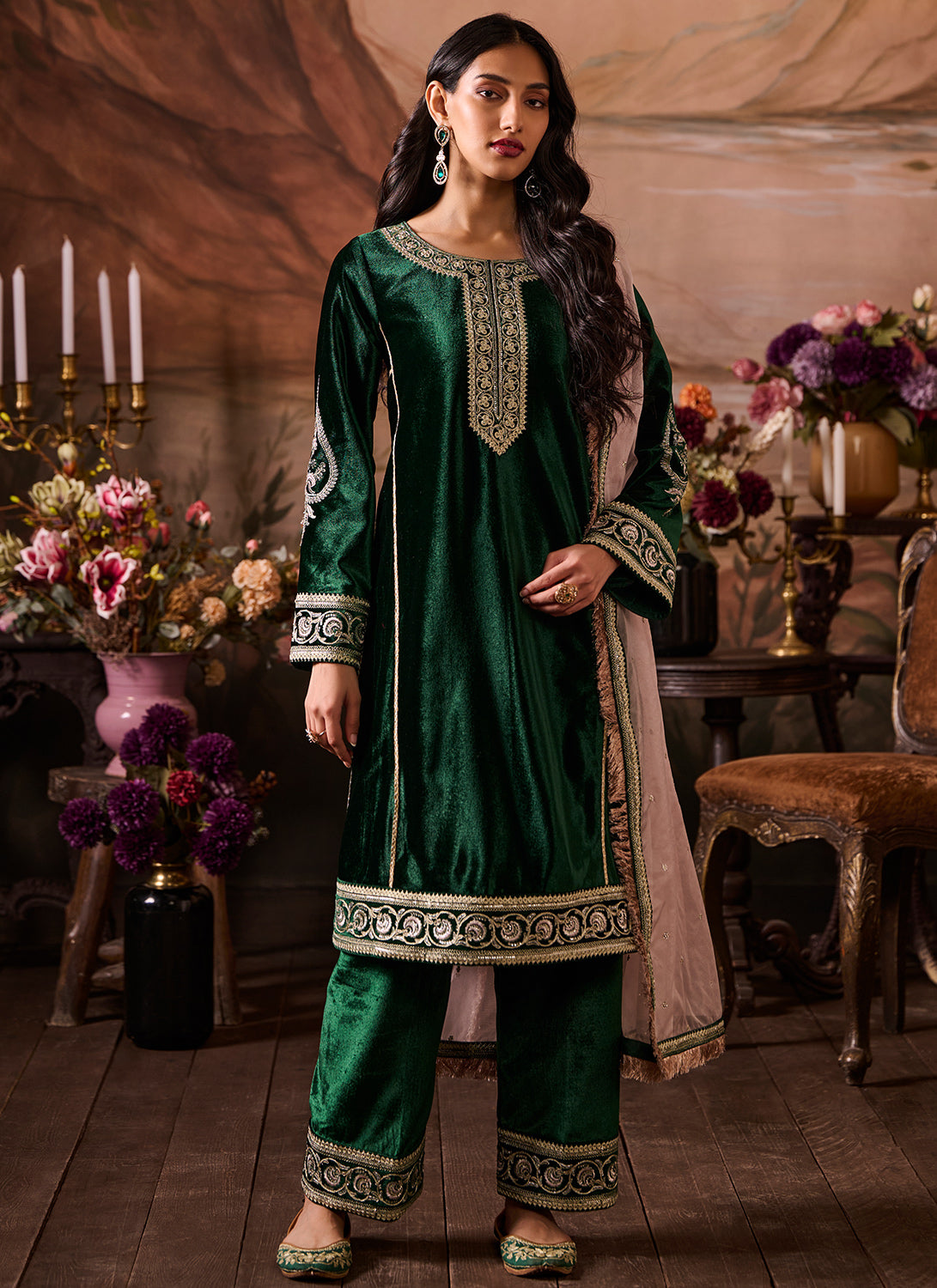 Green Embroidered Velvet Pant Suit