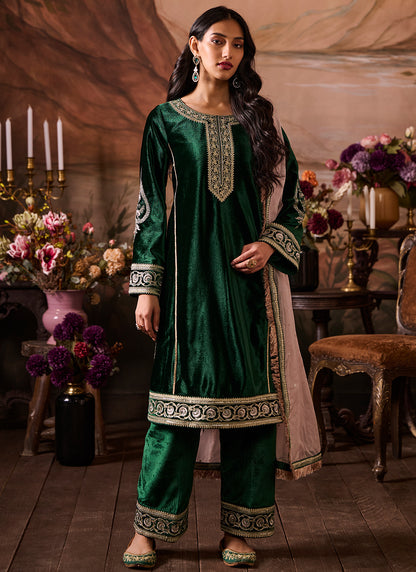 Green Embroidered Velvet Pant Suit