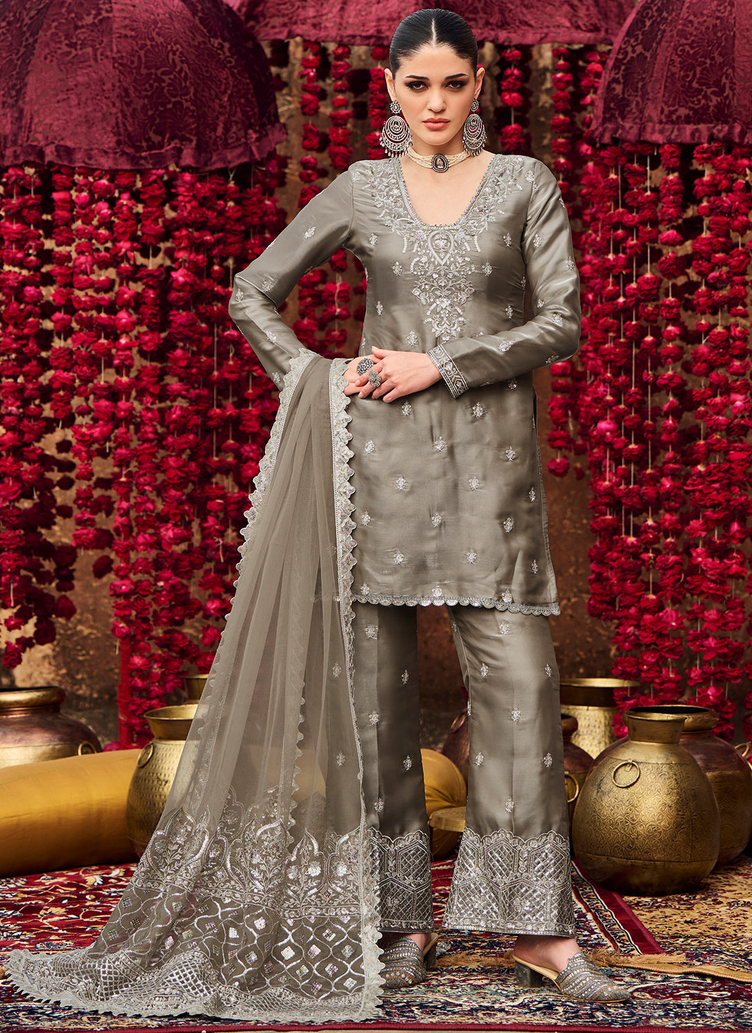 Grey Embroidered Organza Straight Suit