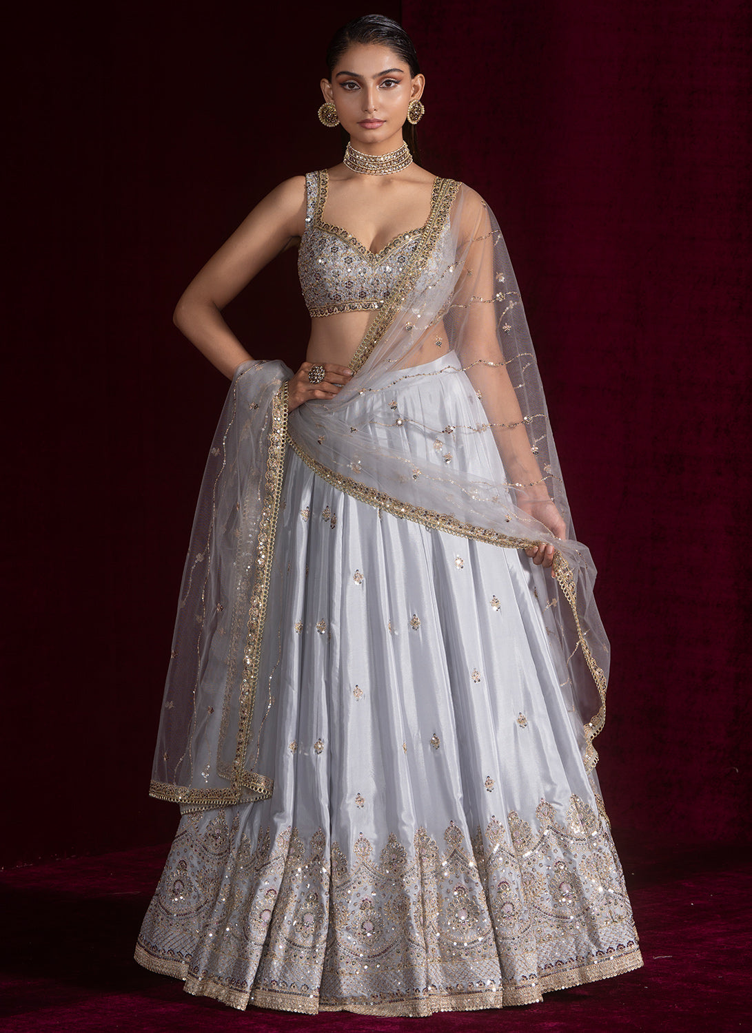 Grey Embroidered Silk Lehenga