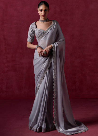 Grey Embroidered Silk Saree