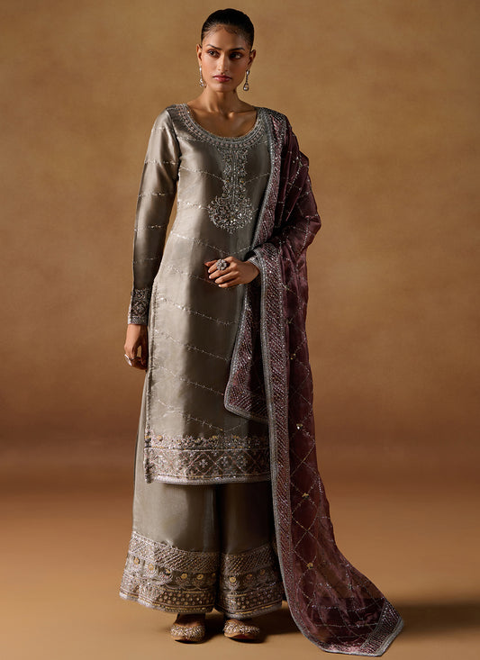 Grey Embroidered Tissue Palazzo Suit