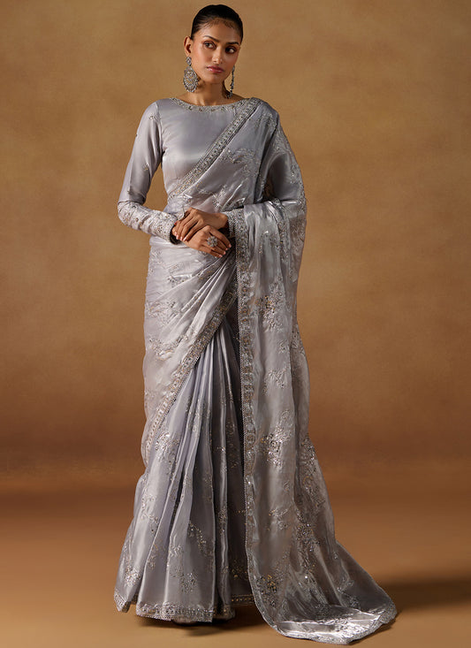 Grey Embroidered Tissue Saree