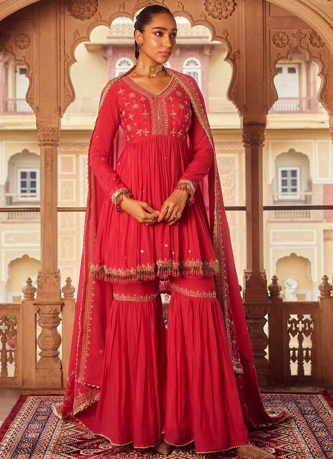 Hot Pink Embroidered Chinon Gharara – Lashkaraa