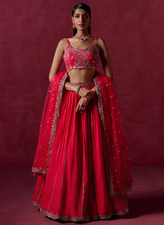 Hot Pink Embroidered Crepe Silk Lehenga