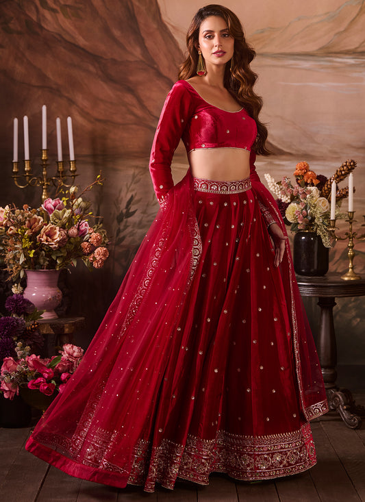 Hot Pink Embroidered Velvet Lehenga