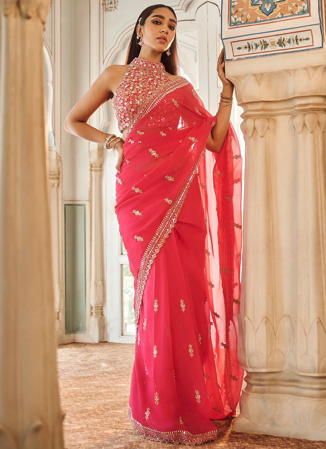 Hot Pink Embroidered Viscose Organza Saree