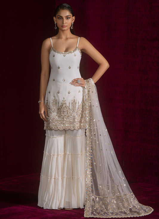 Ivory Embroidered Georgette Sharara