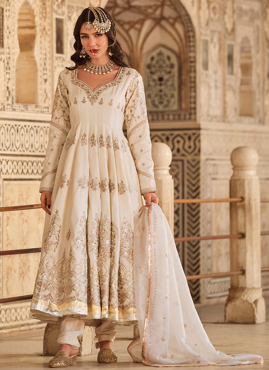 Ivory Embroidered Silk Anarkali