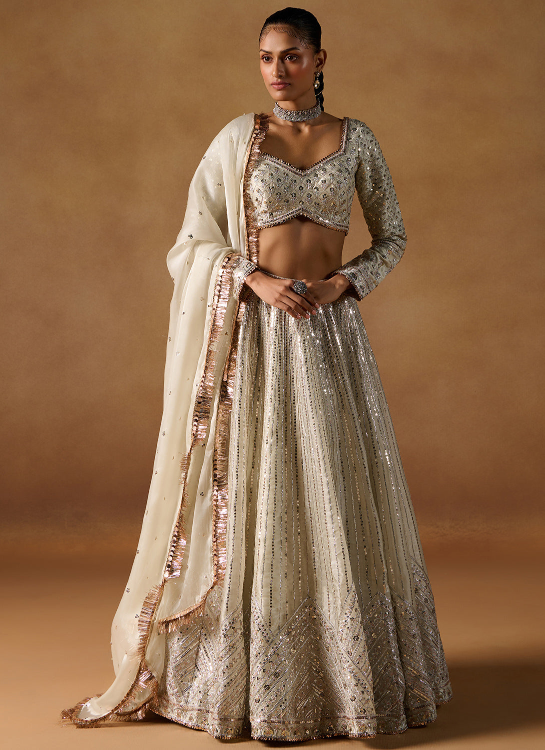 Ivory Embroidered Tissue Lehenga