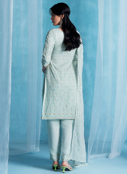 Soft Blue Embroidered Lucknowi Straight Suit