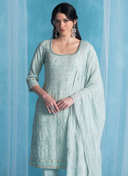 Soft Blue Embroidered Lucknowi Straight Suit