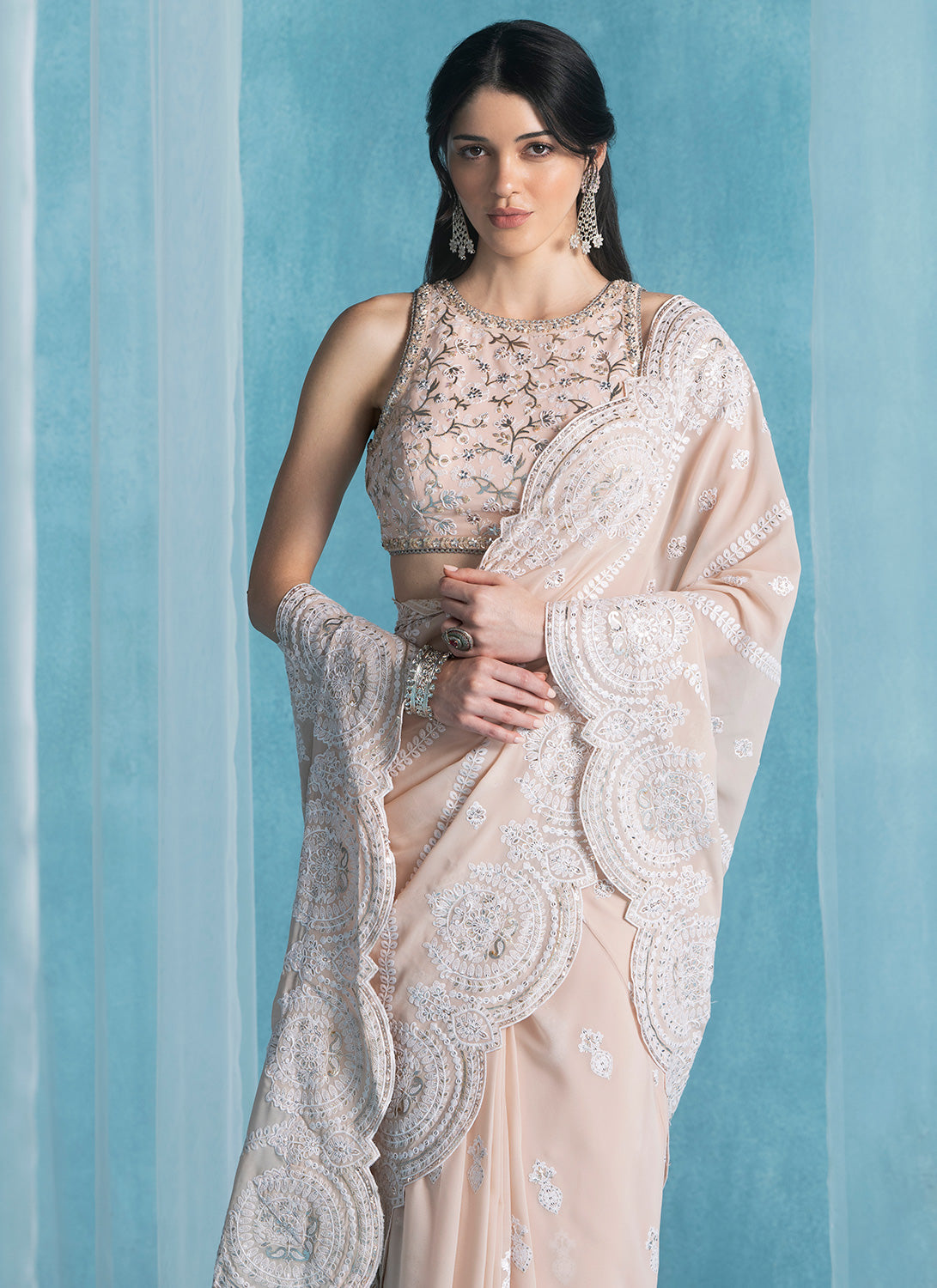 Soft Peach Embroidered Lucknowi Saree