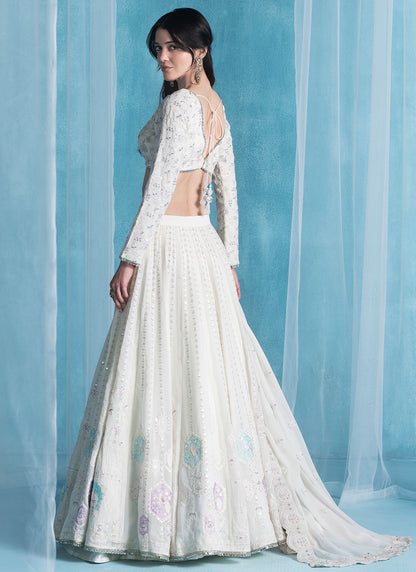 Off White Embroidered Georgette Lehenga