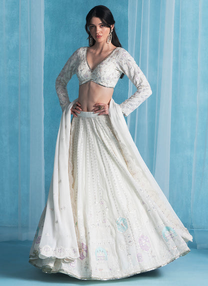 Off White Embroidered Georgette Lehenga