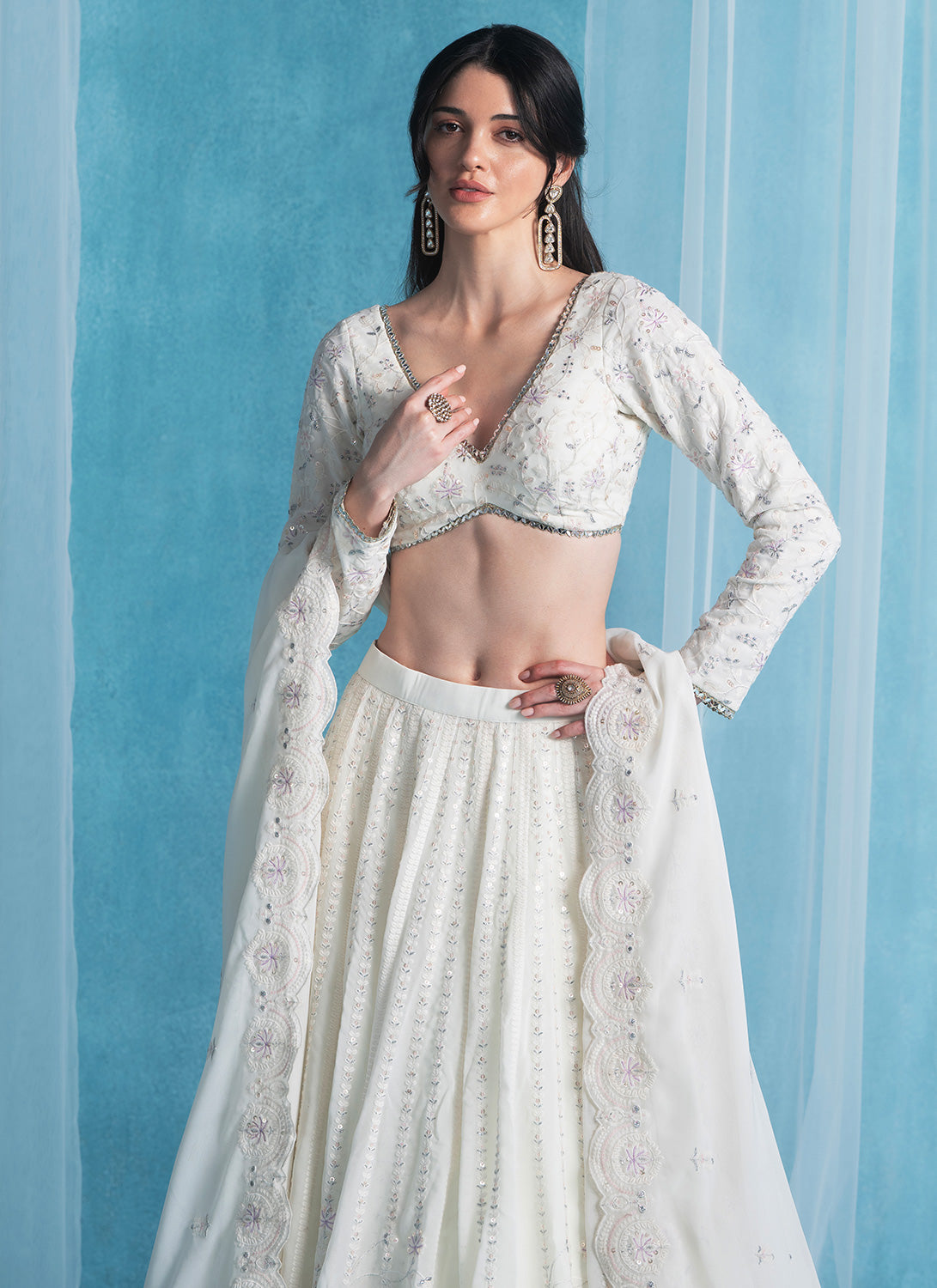 Off White Embroidered Georgette Lehenga