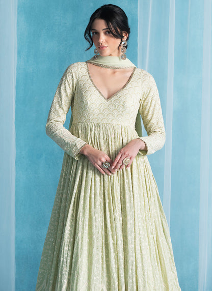 Mint Green Embroidered Lucknowi Anarkali